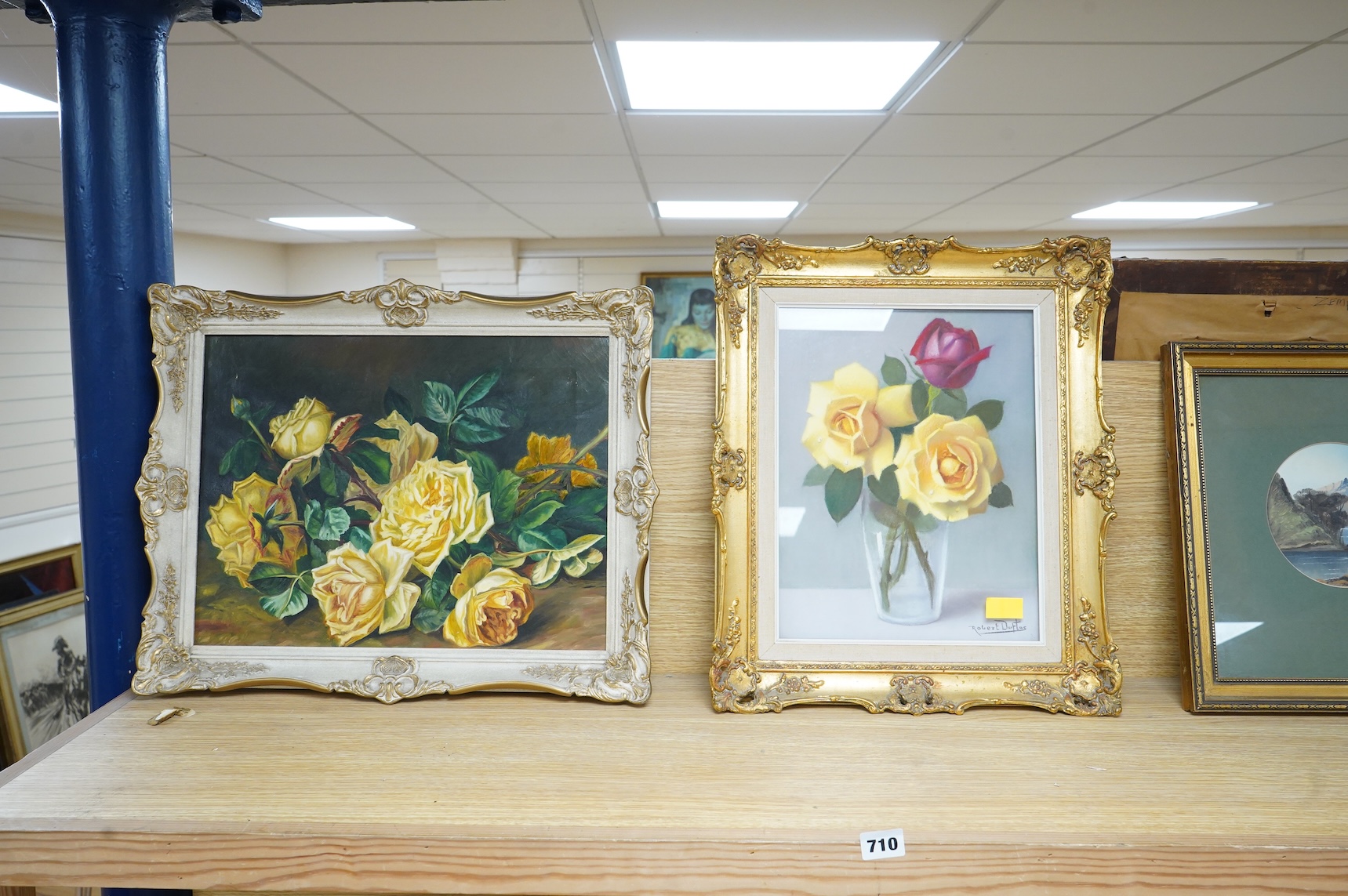 Robert Louis Raymond Duflos (1898-1929), Still life of yellow roses in a vase, signed, pastel, together with a similar oil on canvas, unsigned, largest 33 x 42cm, each in ornate frames